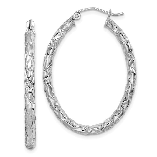 QE11583 Sterling Silver RH-plated D/C Textured 3mm Oval Hoop Earrings