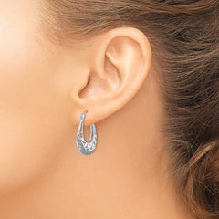 QE11647 Sterling Silver Rhodium-plated Polished Leaves Oval Hoop Earrings