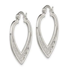 QE11648 Sterling Silver Polished Filigree Heart Hoop Earrings