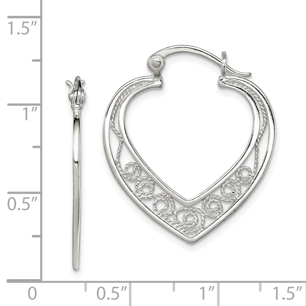 QE11648 Sterling Silver Polished Filigree Heart Hoop Earrings