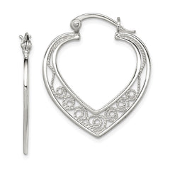 QE11648 Sterling Silver Polished Filigree Heart Hoop Earrings