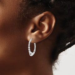 QE11652 Sterling Silver Rhodium-plated Diamond-cut Beaded Hoop Earrings