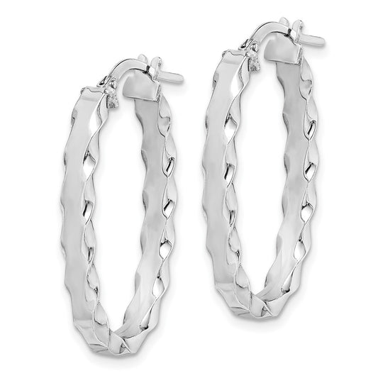 QE11675 Sterling Silver RH-plated Scalloped Edge 4mm Oval Hoop Earrings