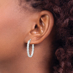 QE11675 Sterling Silver RH-plated Scalloped Edge 4mm Oval Hoop Earrings