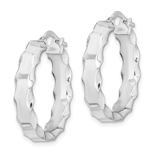 QE11678 Sterling Silver RH-plated Scalloped Edge 5mm Round Hoop Earrings