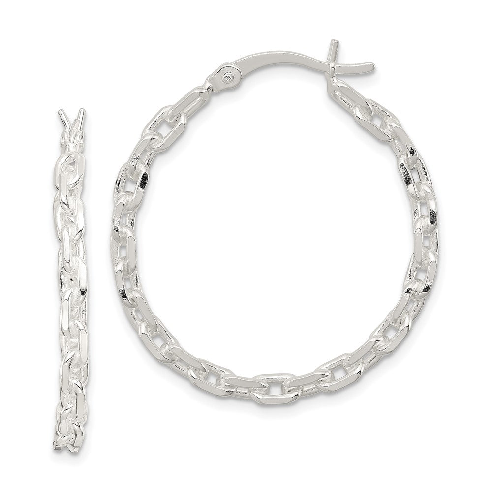 QE11687 Sterling Silver Polished Cable Chain 3x30mm Hoop Earrings