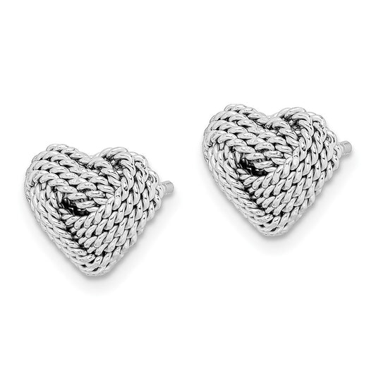 QE11780 Sterling Silver Rhodium-plated Small Twisted Love Knot Heart Post Earrings