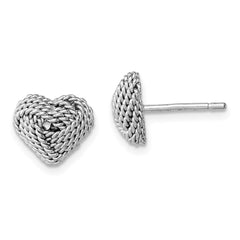 QE11780 Sterling Silver Rhodium-plated Small Twisted Love Knot Heart Post Earrings