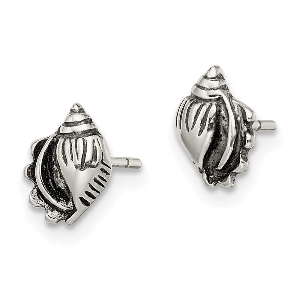 QE11804 Sterling Silver Polished and Antiqued Sea Shell Post Earrings