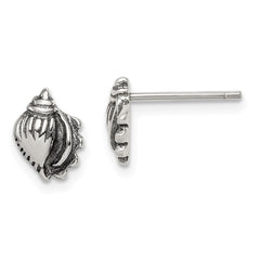 QE11804 Sterling Silver Polished and Antiqued Sea Shell Post Earrings