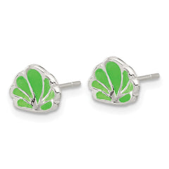 QE11805 Sterling Silver Polished Enamel Seashell Post Earrings