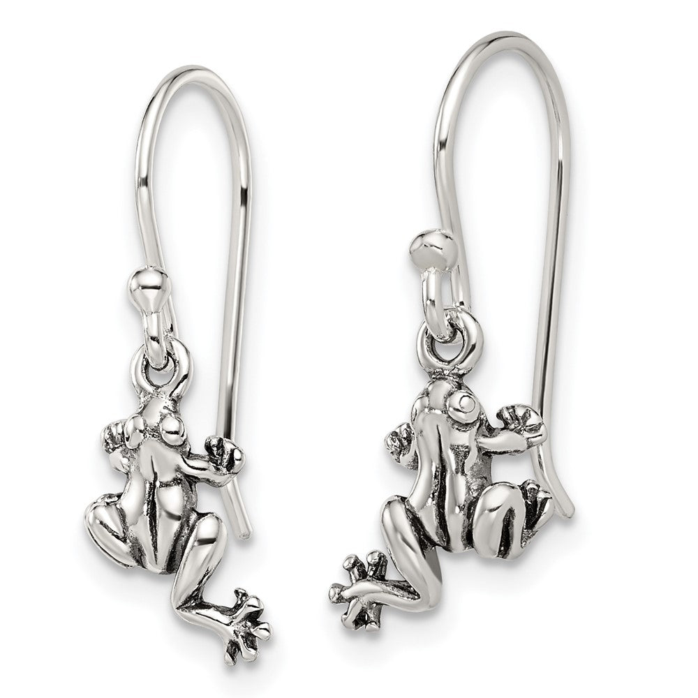 QE11815 Sterling Silver and Antiqued Frog Shepherd Hook Earrings
