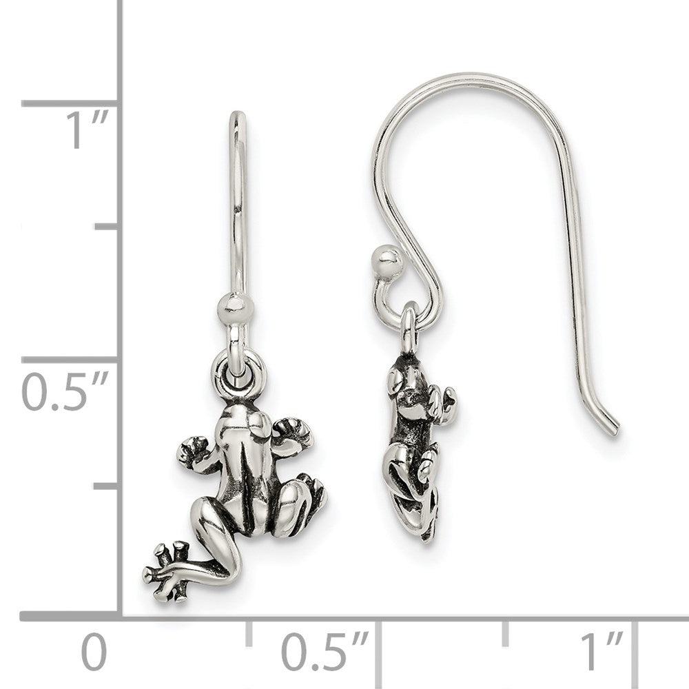 QE11815 Sterling Silver and Antiqued Frog Shepherd Hook Earrings