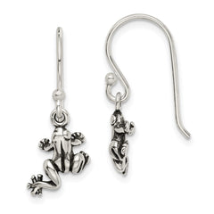QE11815 Sterling Silver and Antiqued Frog Shepherd Hook Earrings