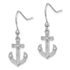 QE11819 Sterling Silver Rhodium-plated Polished CZ Anchor Shepherd Hook Earrings
