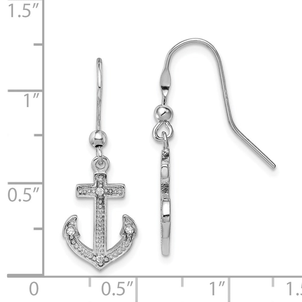 QE11819 Sterling Silver Rhodium-plated Polished CZ Anchor Shepherd Hook Earrings