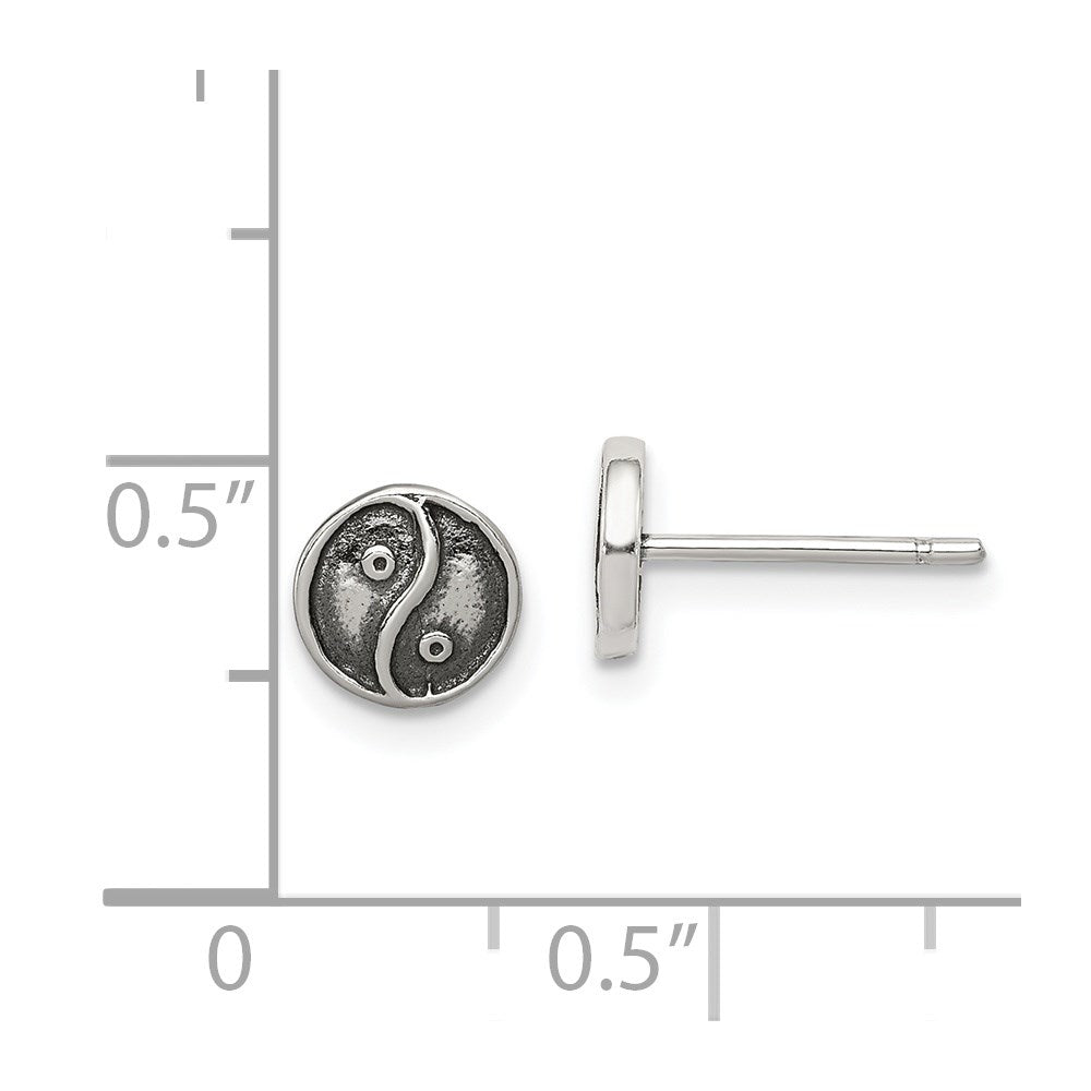 QE11821 Sterling Silver Polished and Antiqued Yin Yang Sign Post Earrings