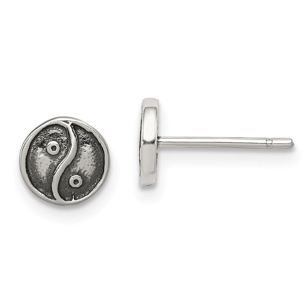 QE11821 Sterling Silver Polished and Antiqued Yin Yang Sign Post Earrings