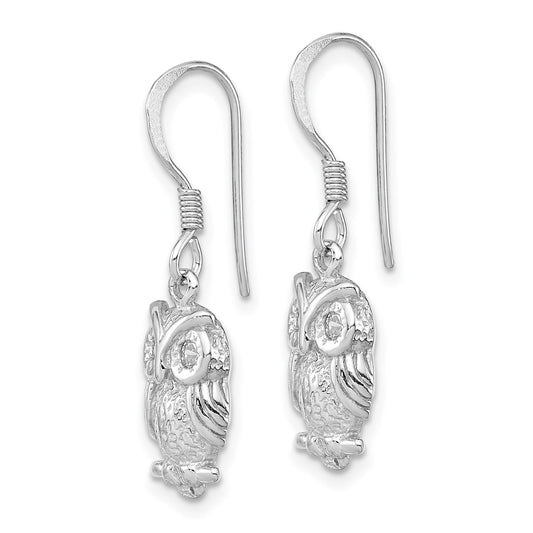 QE11829 Sterling Silver Rhodium-plated CZ Owl Shepherd Hook Earrings