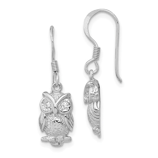QE11829 Sterling Silver Rhodium-plated CZ Owl Shepherd Hook Earrings