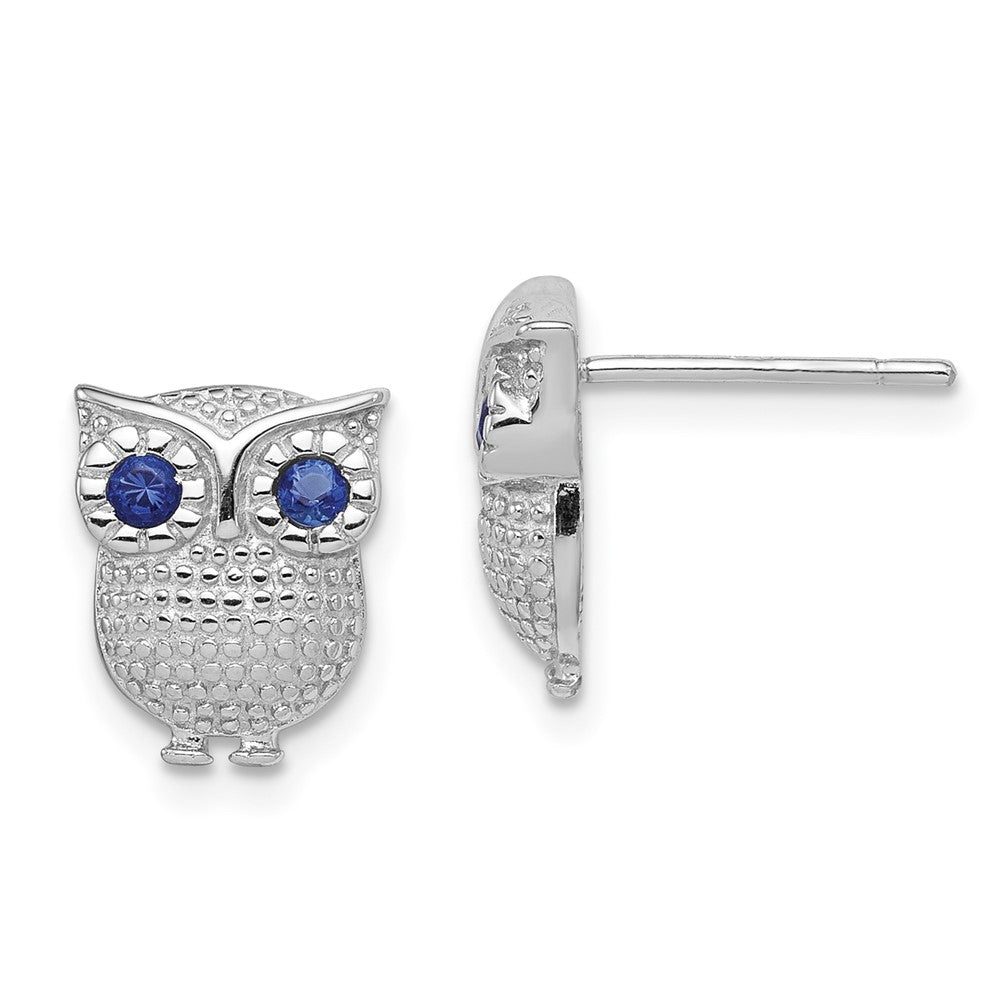 QE11832 Sterling Silver RH-plated Blue Glass Owl Post Earrings