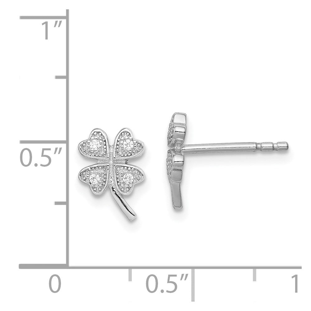 QE11843 Sterling Silver Rhodium-plated Polished CZ 4 Leaf Clover Post Earrings