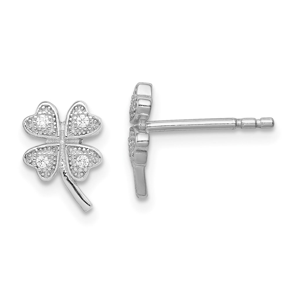 QE11843 Sterling Silver Rhodium-plated Polished CZ 4 Leaf Clover Post Earrings
