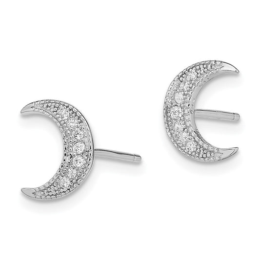 QE11849 Sterling Silver Rhodium-plated CZ Crescent Moon Post Earrings