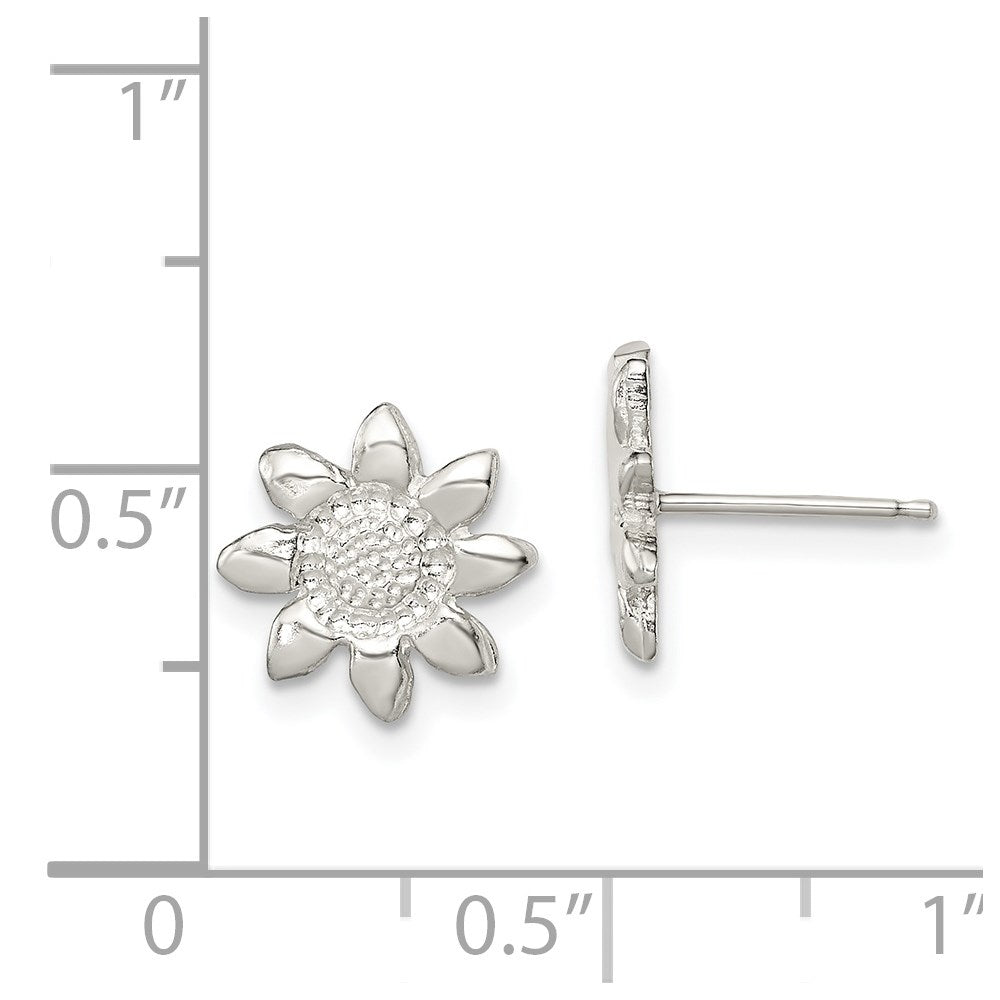 QE119 Sterling Silver Polished & Textured Sunflower Post Earrings