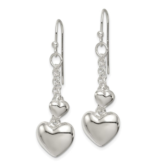 QE11900 Sterling Silver Puffed Heart Shepherd Hook Earrings