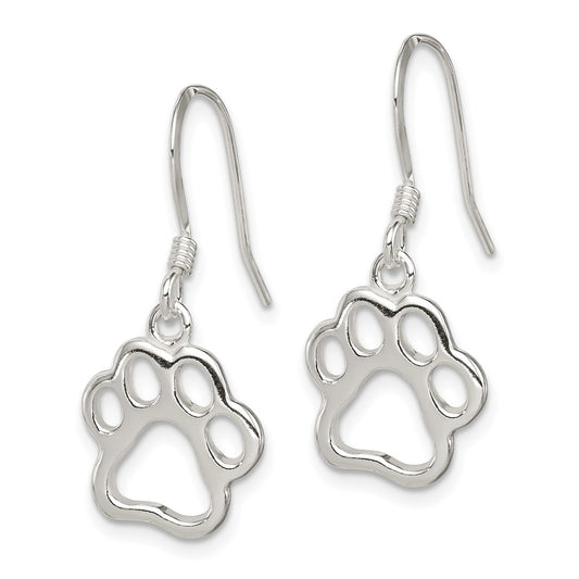 QE11945 Sterling Silver Polished Paw Print Shepherd Hook Earrings