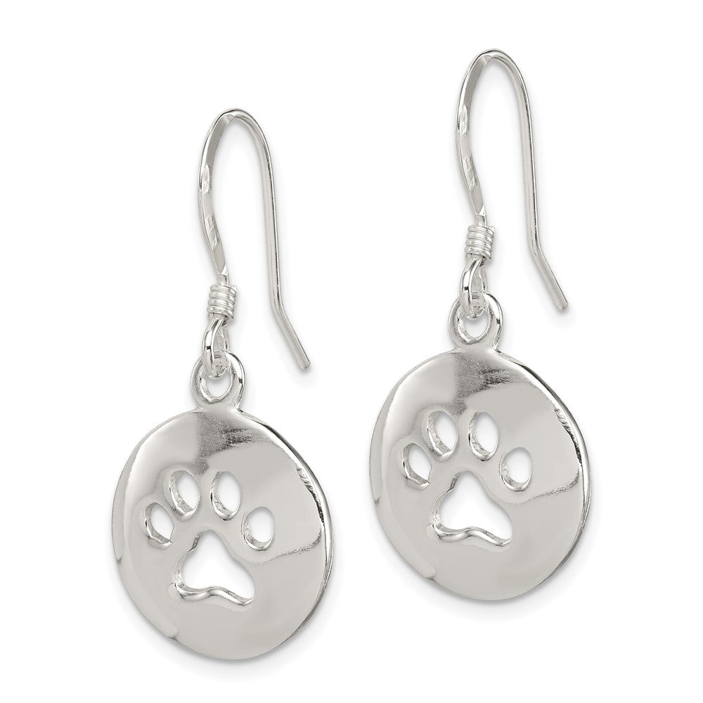 QE11946 Sterling Silver Polished Paw Print Shepherd Hook Earrings
