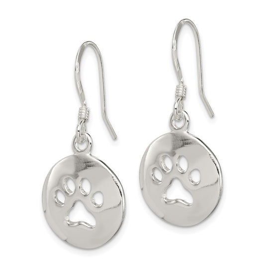 QE11946 Sterling Silver Polished Paw Print Shepherd Hook Earrings