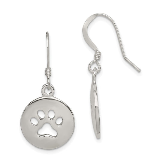 QE11946 Sterling Silver Polished Paw Print Shepherd Hook Earrings