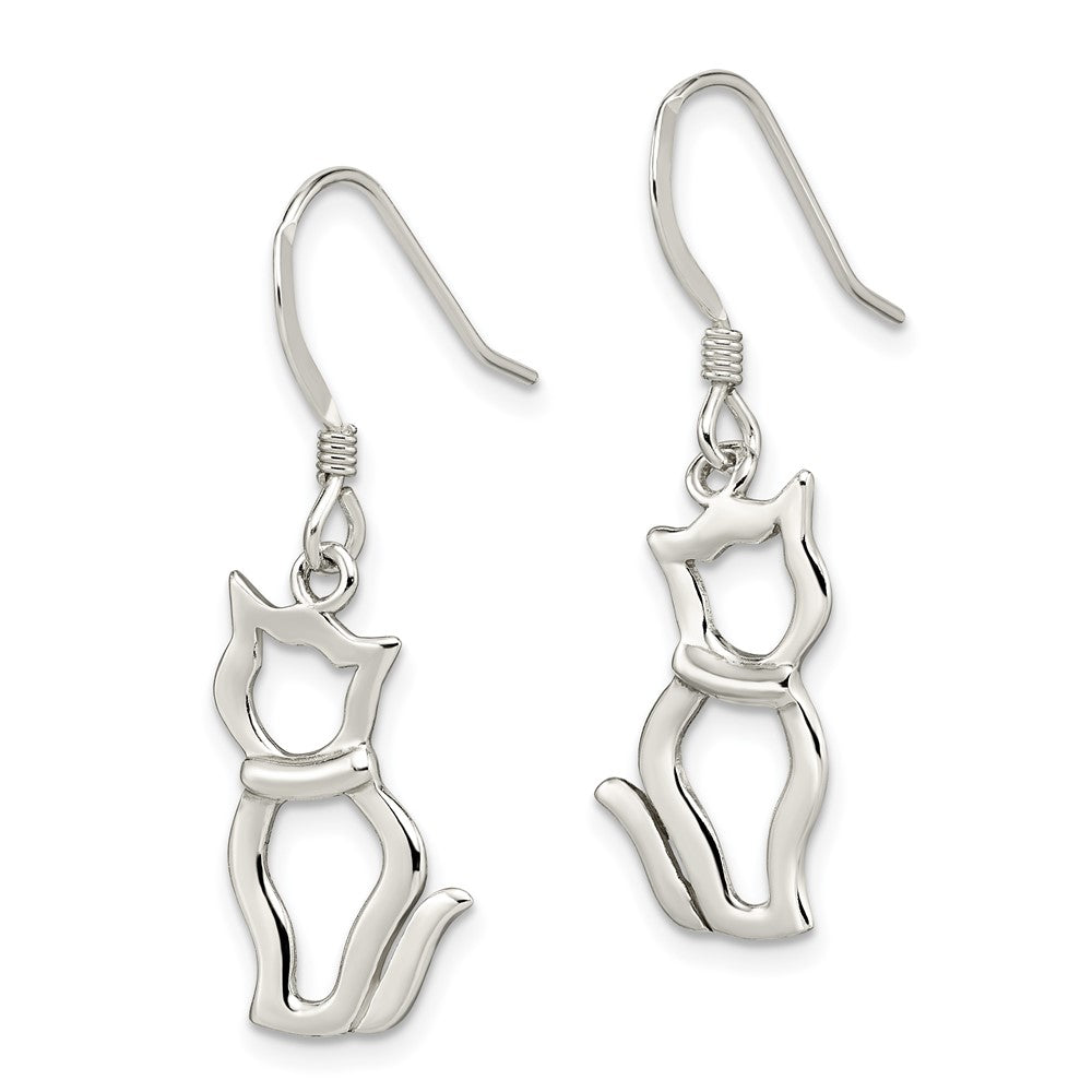 QE11947 Sterling Silver Polished Cat Shepherd Hook Earrings