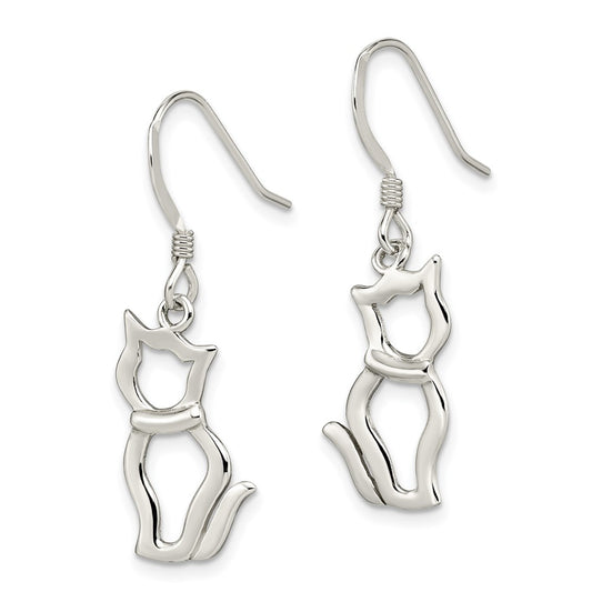 QE11947 Sterling Silver Polished Cat Shepherd Hook Earrings