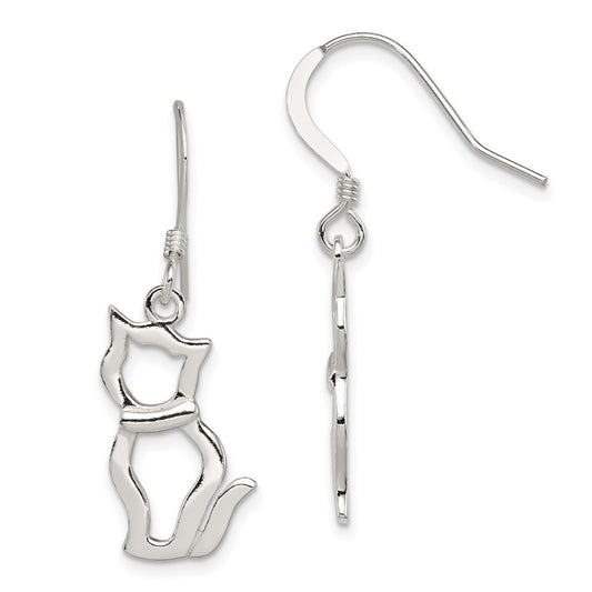 QE11947 Sterling Silver Polished Cat Shepherd Hook Earrings