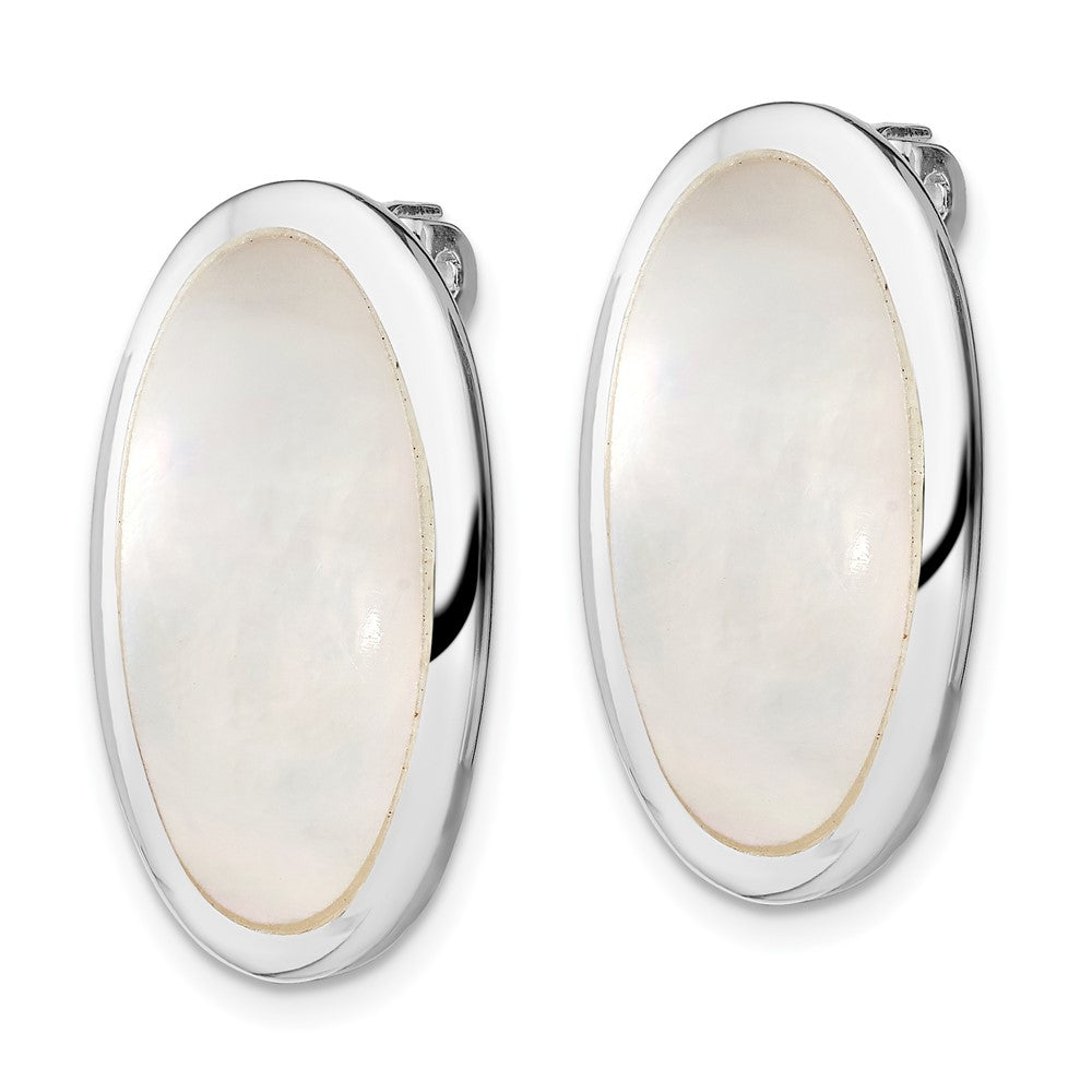 QE1196 Sterling Silver Rhodium-plated Polished Mother of Pearl Oval Non Pierced Earrings
