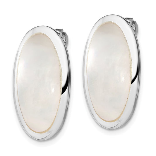 QE1196 Sterling Silver Rhodium-plated Polished Mother of Pearl Oval Non Pierced Earrings