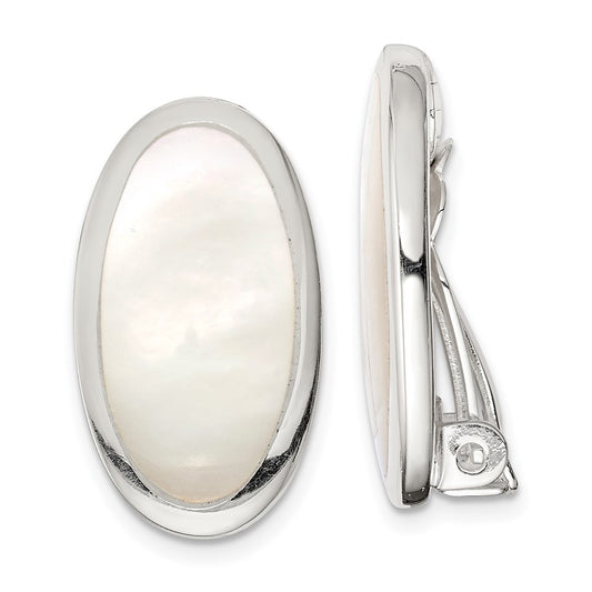 QE1196 Sterling Silver Rhodium-plated Polished Mother of Pearl Oval Non Pierced Earrings