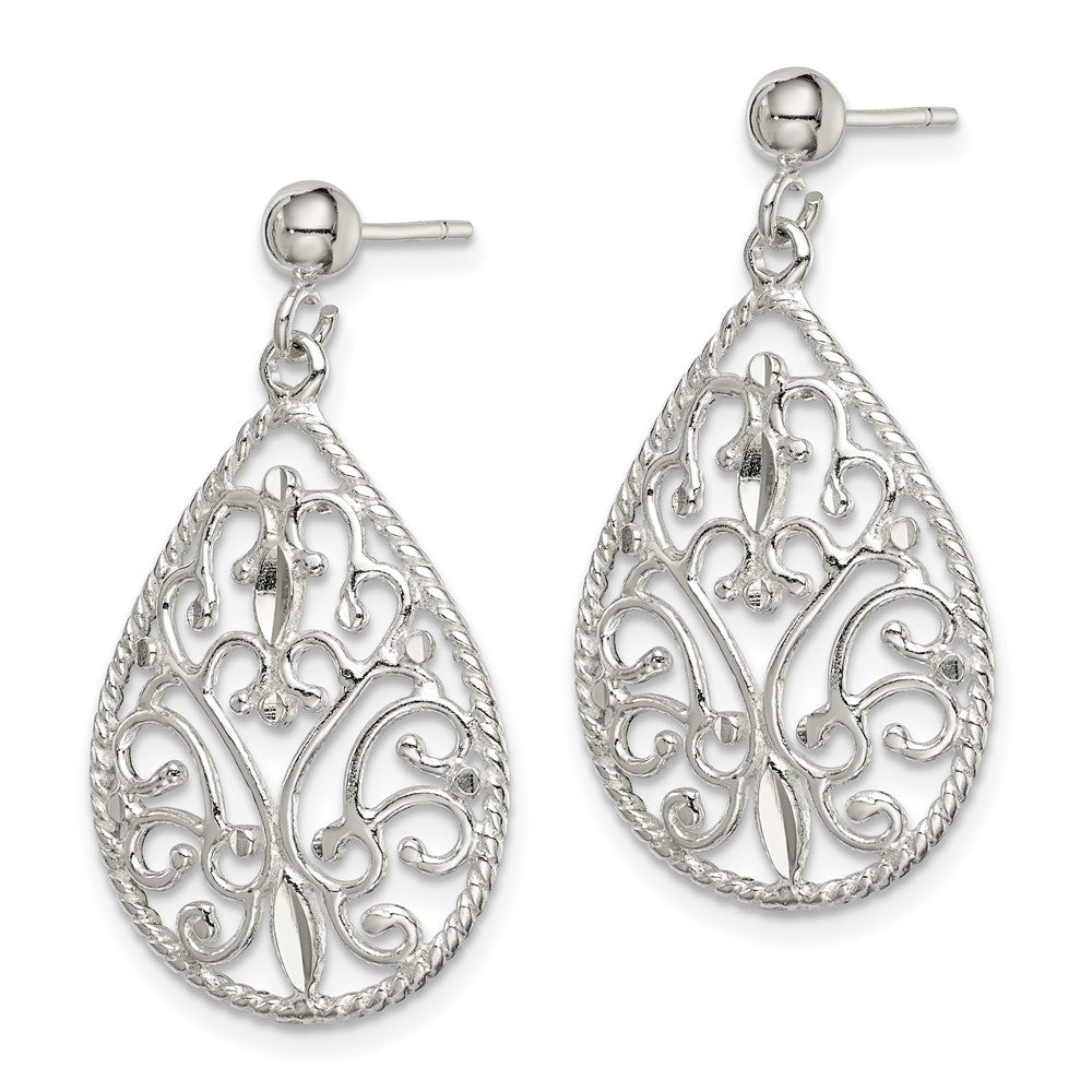 QE11989 Sterling Silver Polished Twisted & Diamond-cut Teardrop Post Dangle Earring