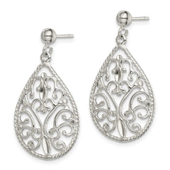 QE11989 Sterling Silver Polished Twisted & Diamond-cut Teardrop Post Dangle Earring