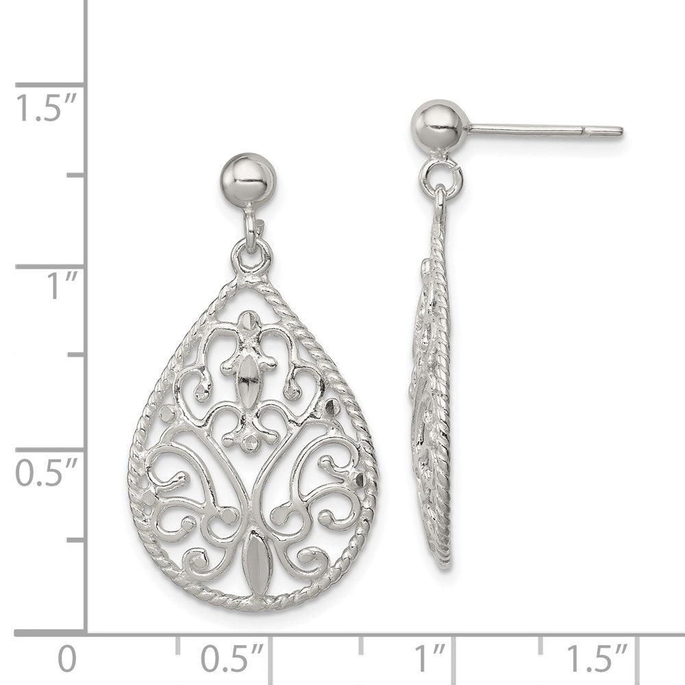 QE11989 Sterling Silver Polished Twisted & Diamond-cut Teardrop Post Dangle Earring