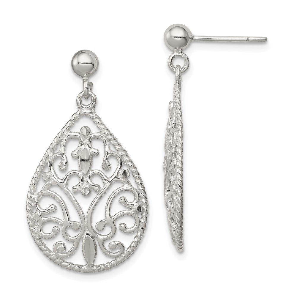 QE11989 Sterling Silver Polished Twisted & Diamond-cut Teardrop Post Dangle Earring