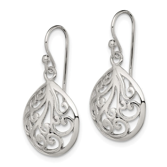 QE11990 Sterling Silver Polished Filigree Swirl Wide Teardrop Dangle Earrings