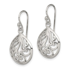 QE11990 Sterling Silver Polished Filigree Swirl Wide Teardrop Dangle Earrings