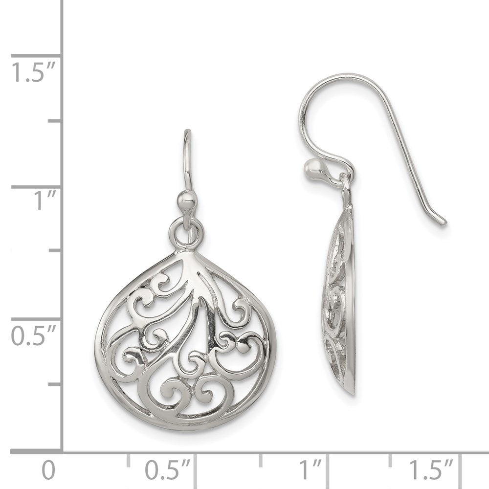 QE11990 Sterling Silver Polished Filigree Swirl Wide Teardrop Dangle Earrings