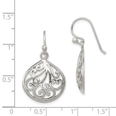 QE11990 Sterling Silver Polished Filigree Swirl Wide Teardrop Dangle Earrings