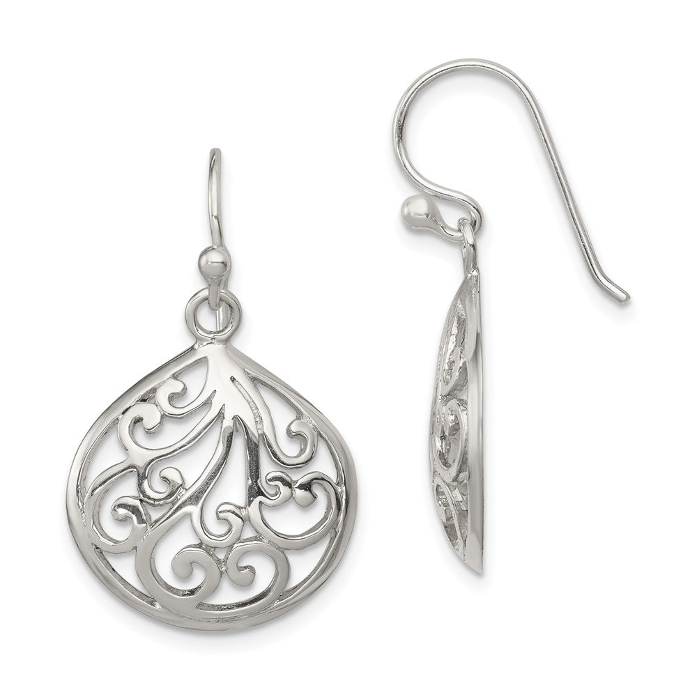 QE11990 Sterling Silver Polished Filigree Swirl Wide Teardrop Dangle Earrings