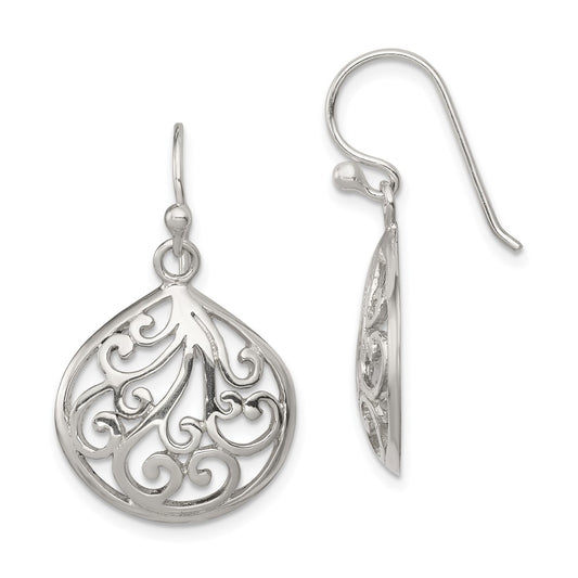 QE11990 Sterling Silver Polished Filigree Swirl Wide Teardrop Dangle Earrings